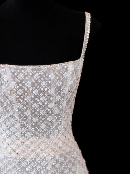 Sparkly A line Square Neck White Chiffon Evening Dress Long Prom Dresses Formal Outfits RB3933