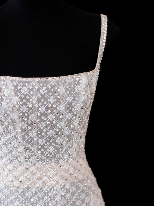 Sparkly A line Square Neck White Chiffon Evening Dress Long Prom Dresses Formal Outfits RB3933