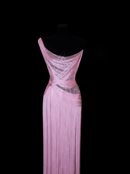 Elegante Abschlussballkleider Etui-Stil One-Shoulder Rosa mit Quasten Ärmellos Formelle Abendkleider N3788