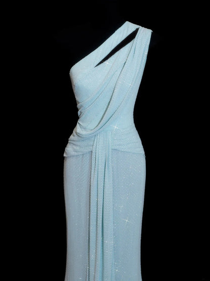Robe de soirée longue bleu ciel clair à paillettes asymétriques et fourreau brillant, robe de bal, robe d'invitée de mariage élégante N908
