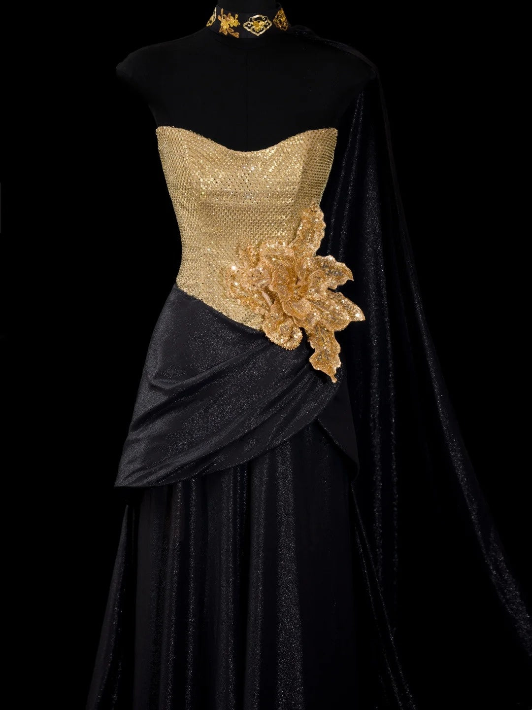 Robe de soirée longue trapèze noire vintage avec paillettes dorées, robes de bal, tenues d'anniversaire, robe de diplôme N2839