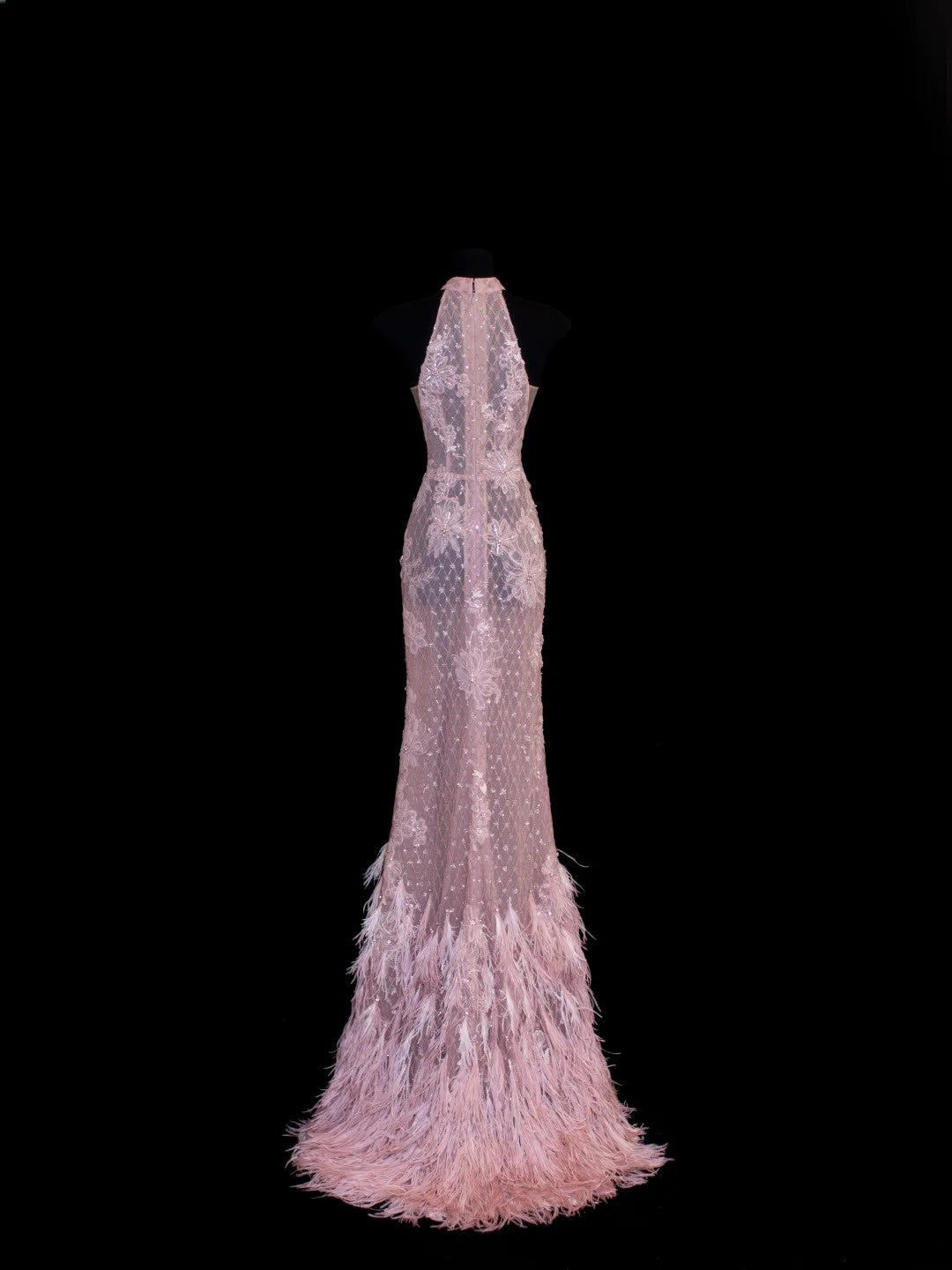 Elegantes Meerjungfrauen-Kleid mit hohem Kragen aus rosa Spitze und Federapplikationen – Inspiration für formelle Partykleider, lange Ballkleider N149