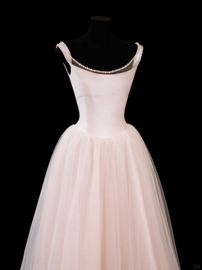 Sparkly Ball Gown Square Neck Light Pink Tulle With Beading Tea Length Prom Dresses Inspo Evening Outfits RB4324