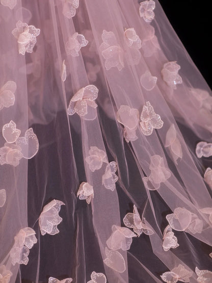 Robes de bal élégantes coupe trapèze col rond rose à manches longues fleurs tenues de soirée formelles N3790
