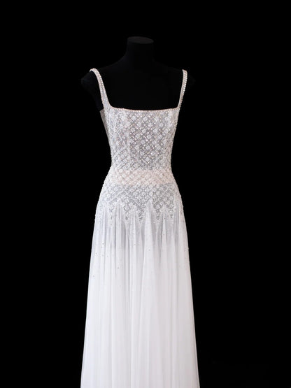 Sparkly A line Square Neck White Chiffon Evening Dress Long Prom Dresses Formal Outfits RB3933