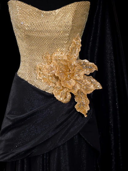 Robe de soirée longue trapèze noire vintage avec paillettes dorées, robes de bal, tenues d'anniversaire, robe de diplôme N2839