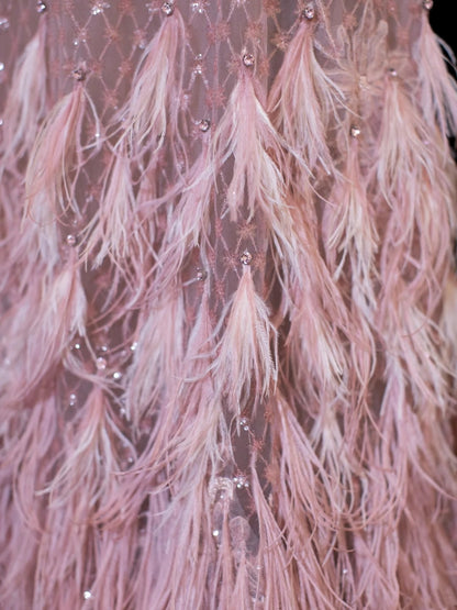 Elegantes Meerjungfrauen-Kleid mit hohem Kragen aus rosa Spitze und Federapplikationen – Inspiration für formelle Partykleider, lange Ballkleider N149