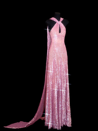 Robe de bal longue rose à paillettes, coupe trapèze, dos nu, inspiration robe de soirée formelle N147