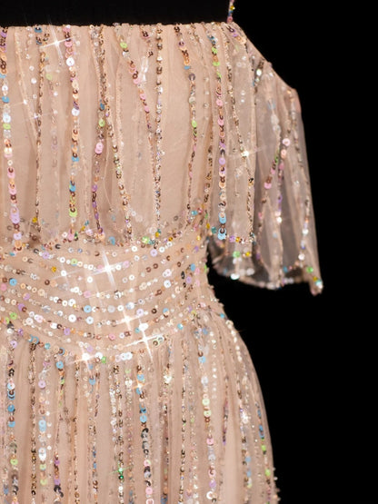 Robe de bal longue champagne à paillettes scintillantes, coupe trapèze, bretelles spaghetti, inspiration robe de soirée formelle N145