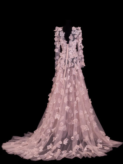 Robes de bal élégantes coupe trapèze col rond rose à manches longues fleurs tenues de soirée formelles N3790