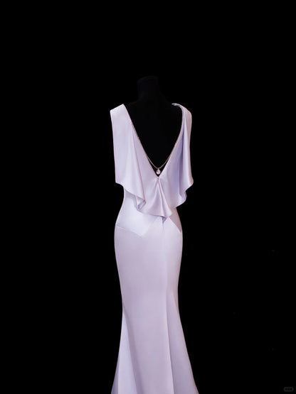 Vintage Prom Dresses 70s Mermaid Scoop Lilac Satin Sleeveless Evening Formal Outfits RB4323