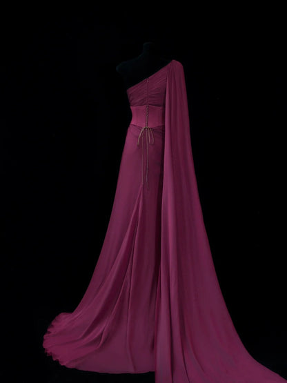 Chic Sheath One Shoulder Grape Chiffon Long Party Dresses Prom Dresses Impress Wedding Guest Dress N909
