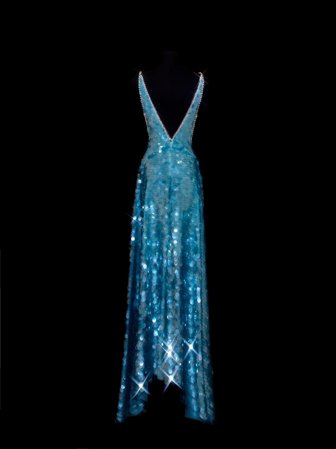Sparkly A line V Neck Blue Sequin Evening Dress Long Prom Dresses Formal Outfits RB3934