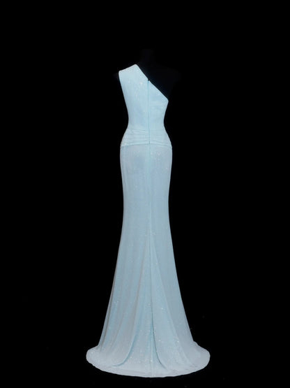 Robe de soirée longue bleu ciel clair à paillettes asymétriques et fourreau brillant, robe de bal, robe d'invitée de mariage élégante N908