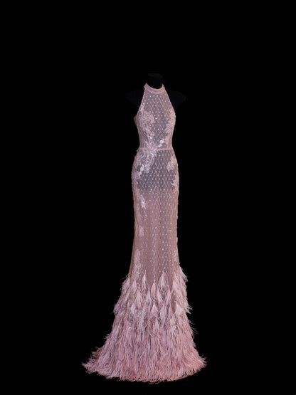 Elegantes Meerjungfrauen-Kleid mit hohem Kragen aus rosa Spitze und Federapplikationen – Inspiration für formelle Partykleider, lange Ballkleider N149