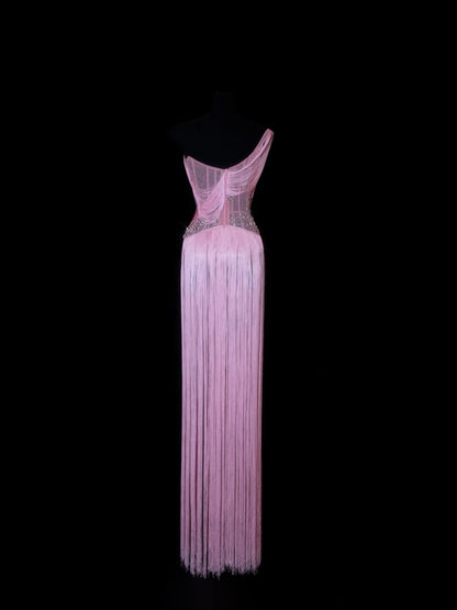 Elegante Abschlussballkleider Etui-Stil One-Shoulder Rosa mit Quasten Ärmellos Formelle Abendkleider N3788