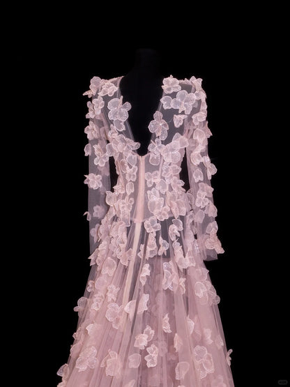 Robes de bal élégantes coupe trapèze col rond rose à manches longues fleurs tenues de soirée formelles N3790