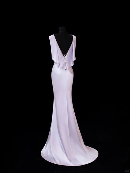 Vintage Prom Dresses 70s Mermaid Scoop Lilac Satin Sleeveless Evening Formal Outfits RB4323