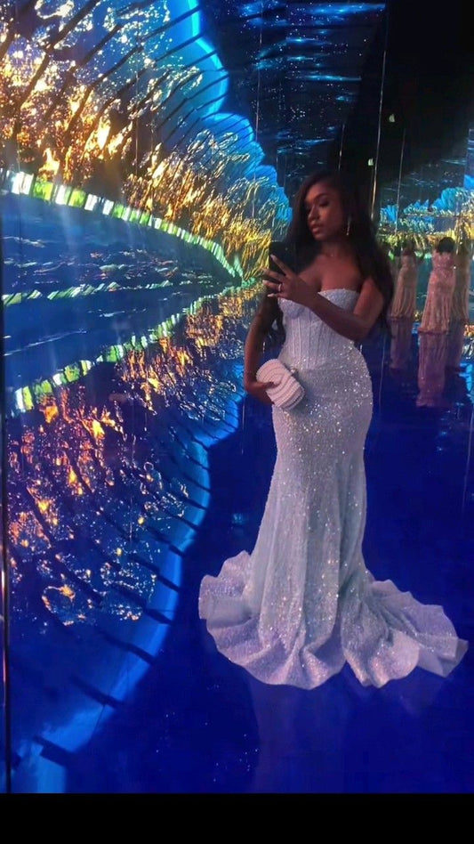 Sexy Mermaid Strapless White Sequins Inspo With High Split Formal Party Gowns Long Prom Dresses AB1774