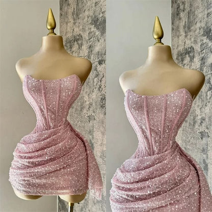 Süßes Etui Trägerloses Pinkes Pailletten-Minikurz-Formelles 8. Klasse Homecoming-Kleid Sommer Mittelschule Hoco Kleid N4736