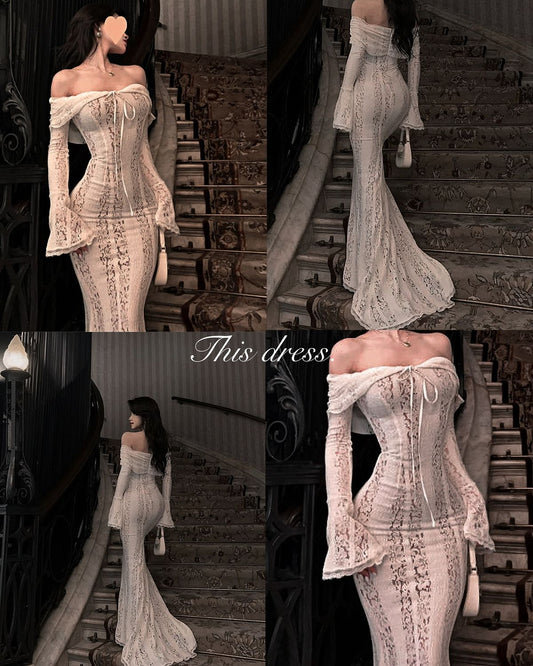Sexy Off The Shoulder Lace Mermaid Long Sleeves Modest Prom Dresses For Women AB1521