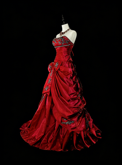 Robe de bal sirène rouge vintage sans bretelles avec perles, sans manches, années 80, longue robe de soirée formelle N1473