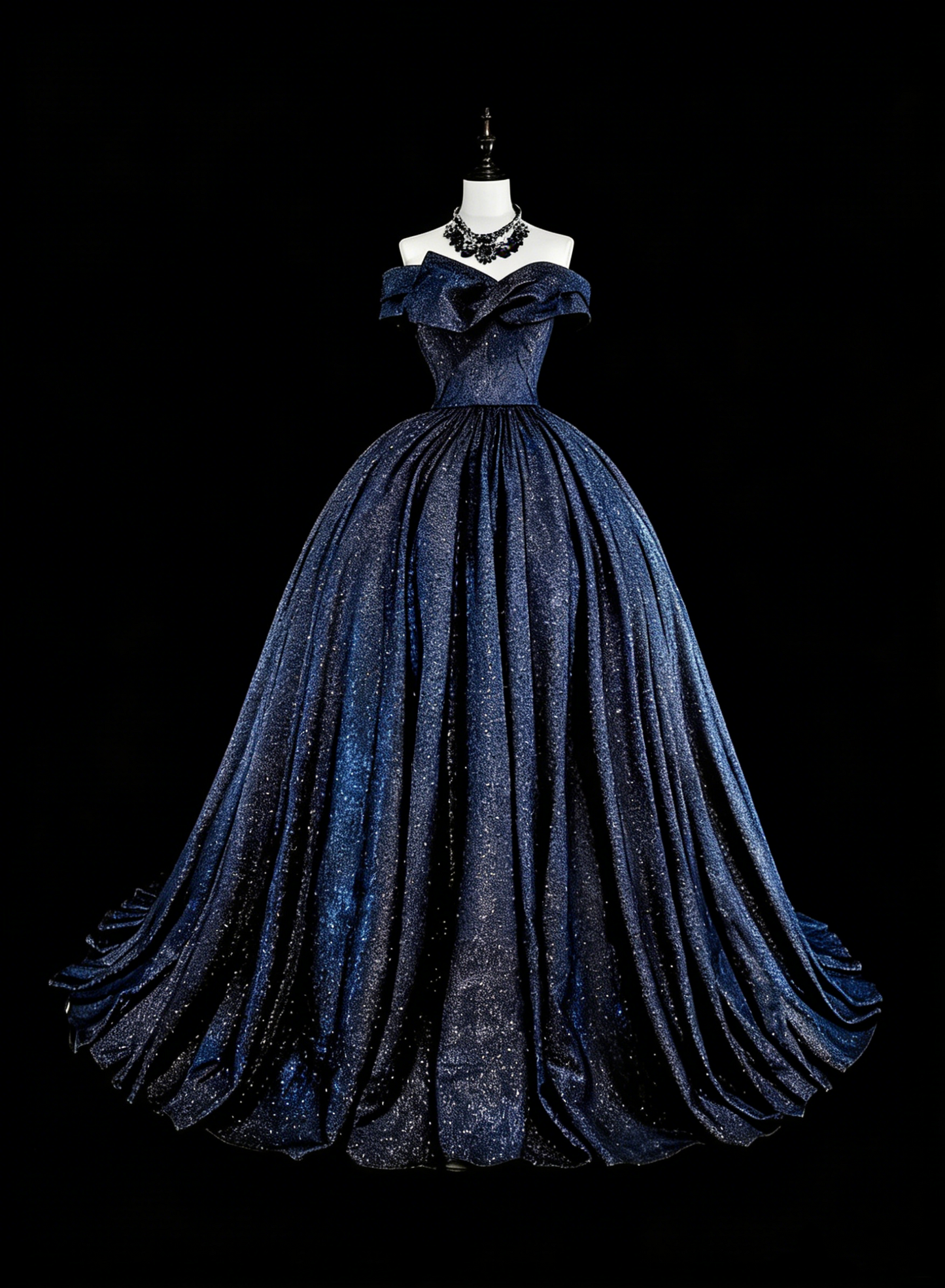 Vintage 1780s Ball Gown Off The Shoulder Navy Blue Tulle With Sleeves Long Prom Dresses N1608