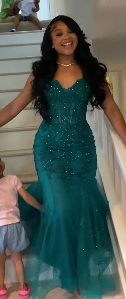 Robe de bal sirène vert foncé en tulle et dentelle, robe d'hiver semi-formelle longue pour adolescentes AB1994