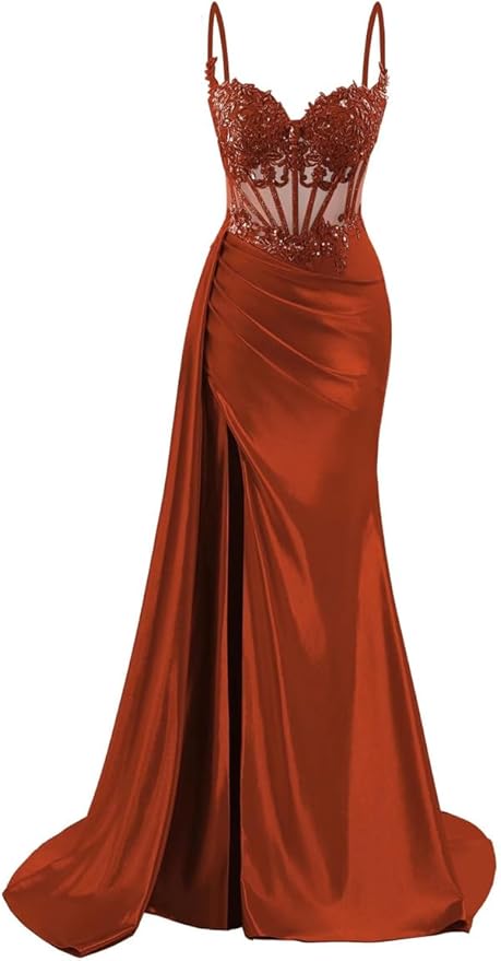 Robe de bal longue sirène en satin à fines bretelles, robe de soirée corsetée avec fente AB683