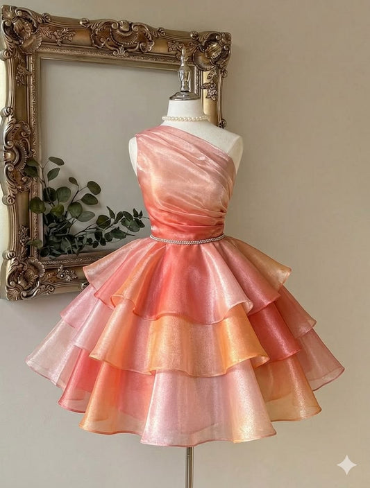 Cute Ball Gown One Shoulder Ombre Gradient Colors Mini Short Satin 18th Birthday Dresses Homecoming Outfits N2425
