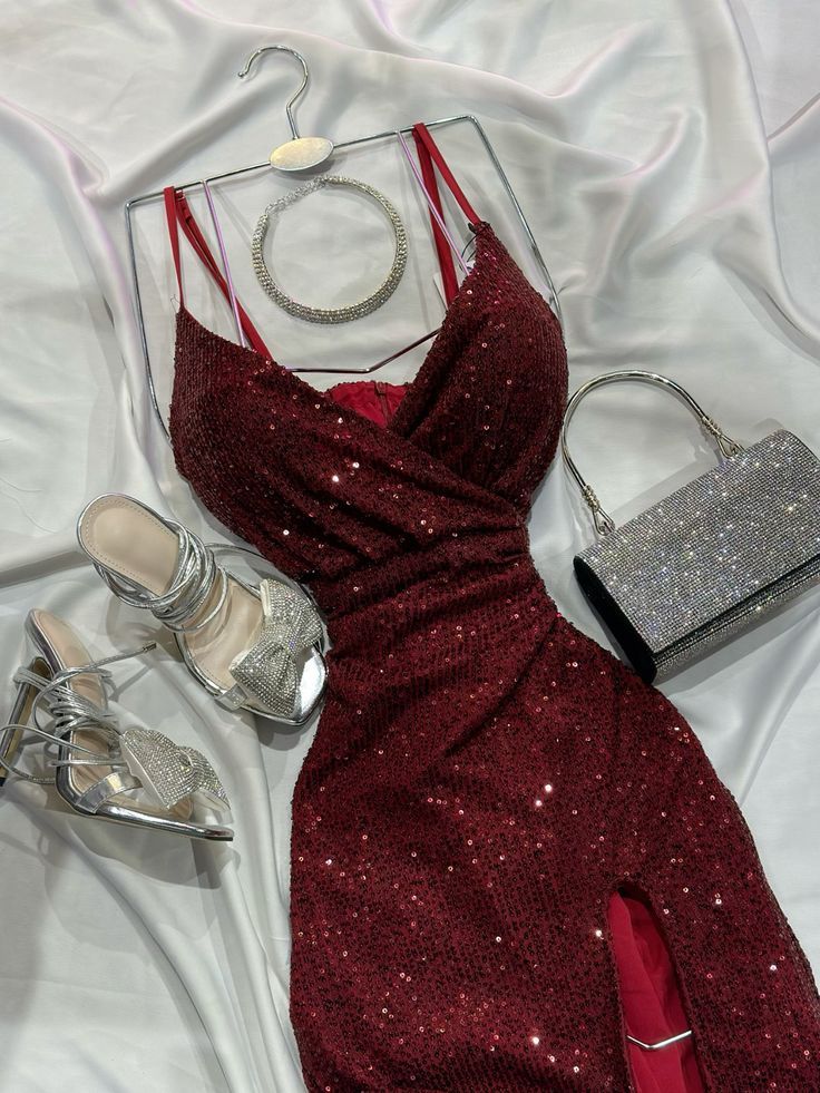Sparkly Prom Dresses Mermaid Straps Wine Red Sequin Sleeveless With Beading Long Split Evening Formal Outfits RB3492