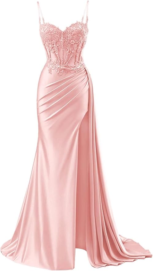 Robe de bal sirène modeste à bretelles spaghetti bordeaux fendue en dentelle, robe longue de soirée, tenue d'anniversaire, robe de remise de diplôme pour adolescentes RB1168