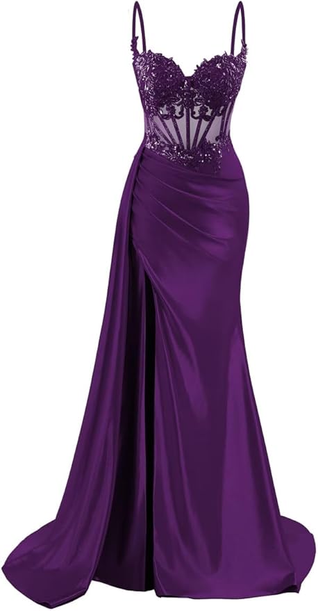 Robe de bal longue sirène en satin à fines bretelles, robe de soirée corsetée avec fente AB683