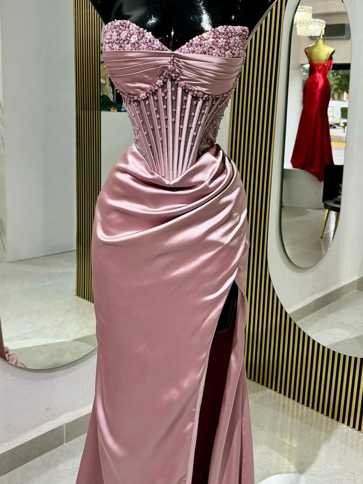 Robe de bal sirène rose à décolleté cœur et fente, inspiration pour adolescentes, tenue de soirée, robe de bal AB064