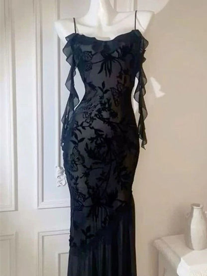 Robe de bal longue en mousseline noire à bretelles spaghetti et sirène chic, robe de soirée d'inspiration DH3027