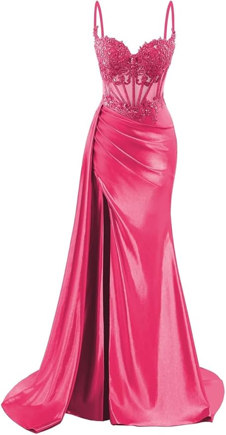 Robe de bal longue sirène en satin à fines bretelles, robe de soirée corsetée avec fente AB683