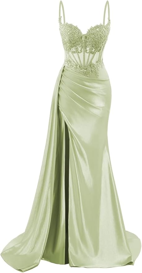 Robe de bal longue sirène en satin à fines bretelles, robe de soirée corsetée avec fente AB683