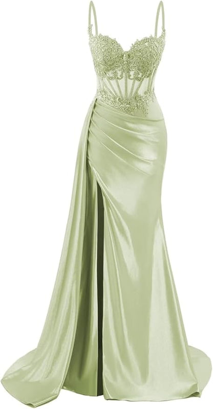 Robe de bal longue sirène en satin à fines bretelles, robe de soirée corsetée avec fente AB683