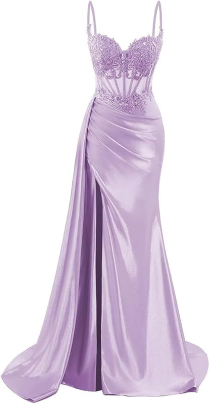 Robe de bal longue sirène en satin à fines bretelles, robe de soirée corsetée avec fente AB683