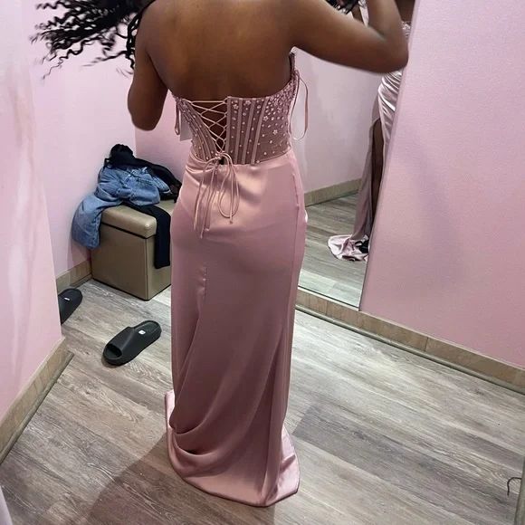 Robe de bal sirène rose à décolleté cœur et fente, inspiration pour adolescentes, tenue de soirée, robe de bal AB064