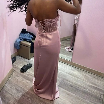 Robe de bal sirène rose à décolleté cœur et fente, inspiration pour adolescentes, tenue de soirée, robe de bal AB064