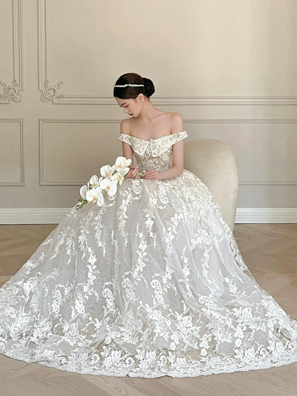 Timeless Ball Gown Off The Shoulder Lace Ivory Wedding Dress With Sleeves Fairytale Wedding Dresses AU471