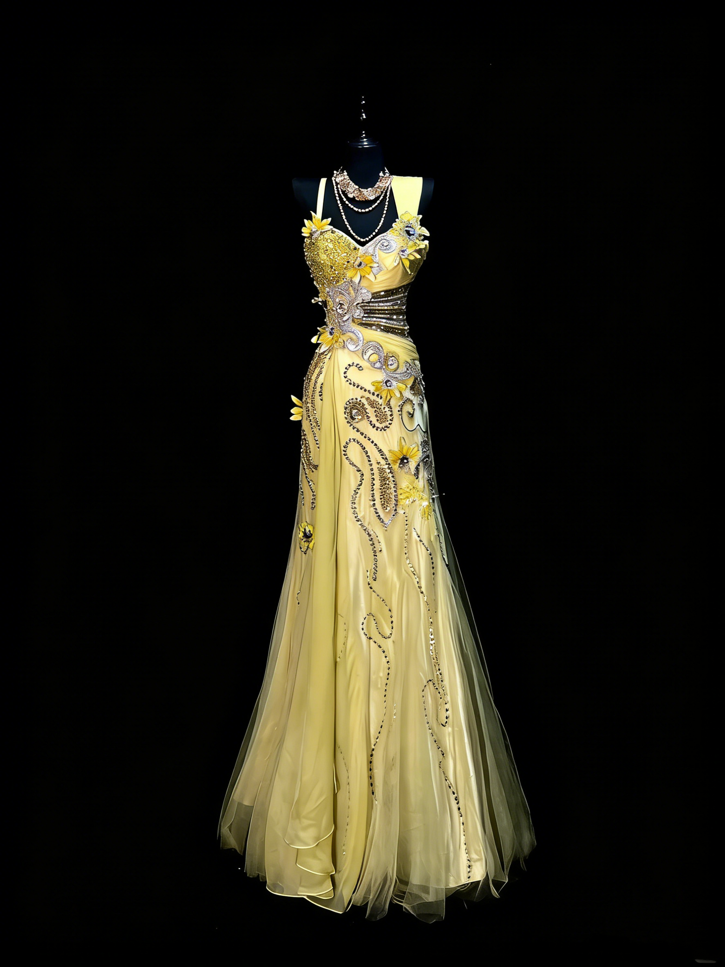 Robe de bal longue en mousseline jaune, bustier cœur, style sirène, ornée de perles, idéale pour les jeunes filles (N1191).