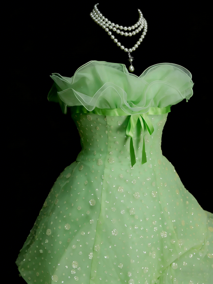 Elegantes Ballkleid mit Herzausschnitt aus grünem Organza im Stil der 80er Jahre – Inspiration für lange Abendkleider, Partykleider, Vintage-Kleid für den 16. Geburtstag (N1311)