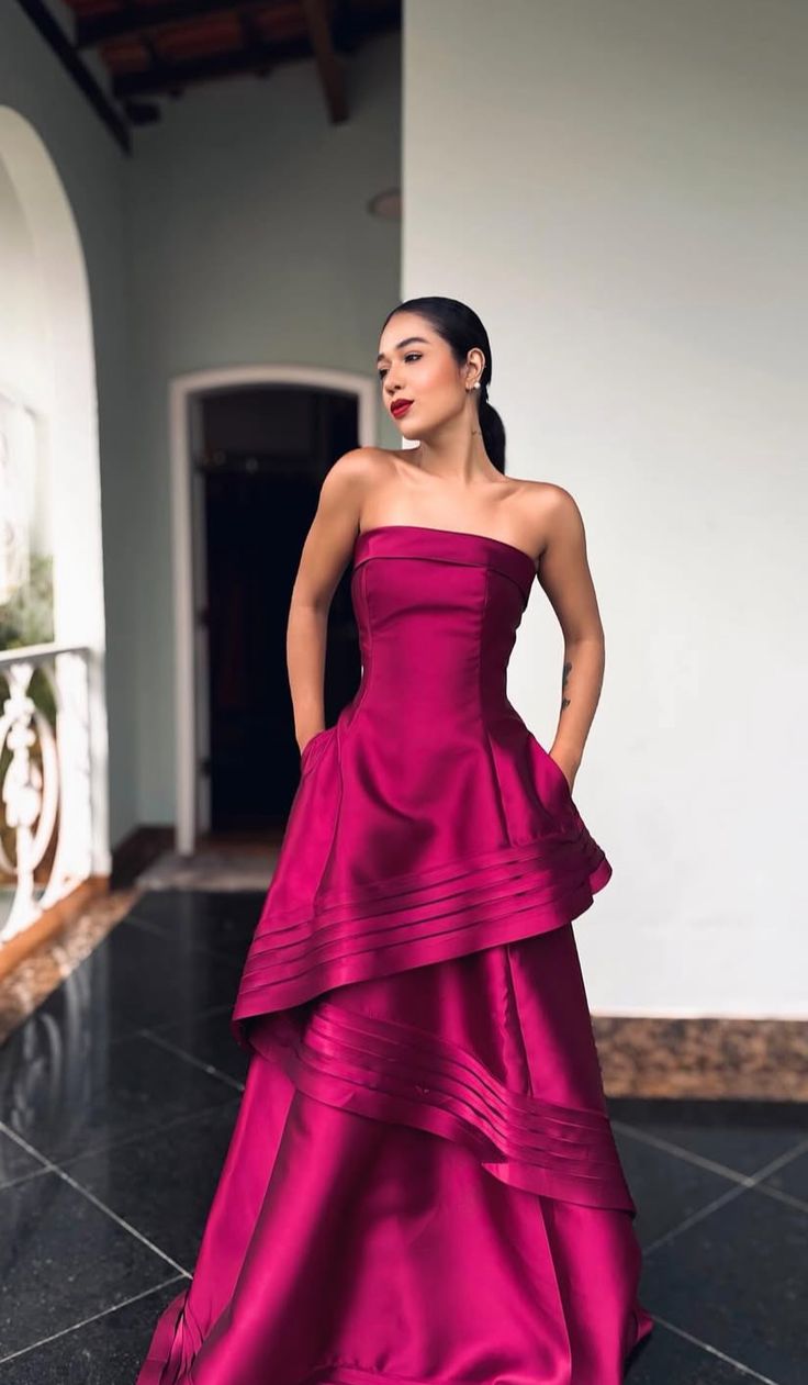 Elegant A Line Strapless Hot Pink Satin Sleeveless Long Prom Dresses Classy Prom Party Gowns AB239