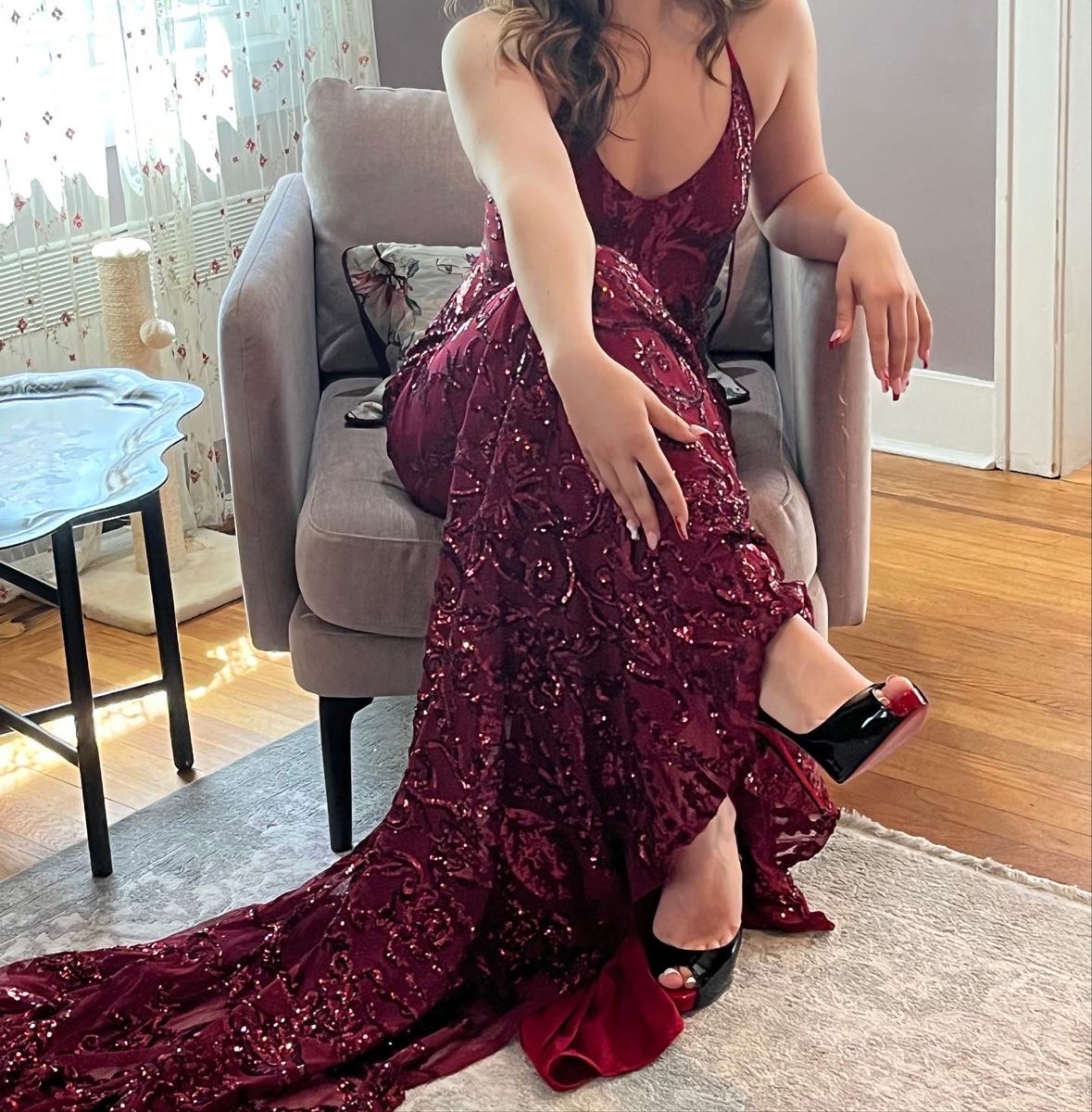 Elegantes Meerjungfrauen-Halterkleid, burgunderrot, mit Pailletten besetzt, langes Abendkleid, formelles Partykleid, Vestidos De Dia AB605
