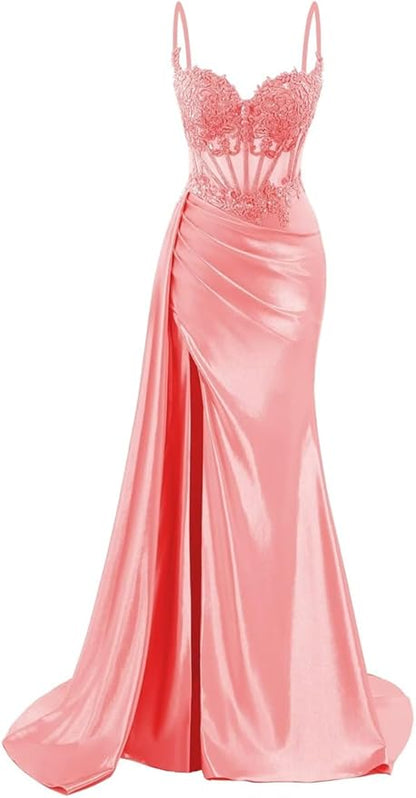 Robe de bal longue sirène en satin à fines bretelles, robe de soirée corsetée avec fente AB683