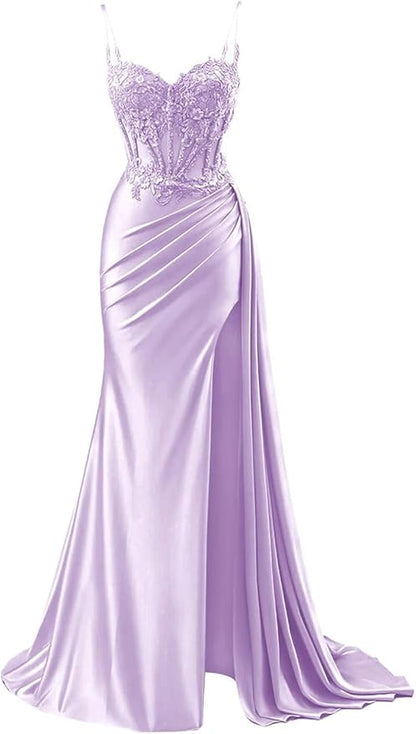 Robe de bal sirène modeste à bretelles spaghetti bordeaux fendue en dentelle, robe longue de soirée, tenue d'anniversaire, robe de remise de diplôme pour adolescentes RB1168