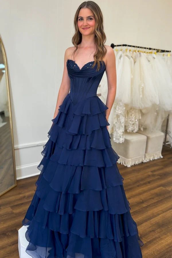Robe de bal élégante en mousseline de soie bleu marine, décolleté en cœur, tenue de soirée pour 20e anniversaire, robe de remise de diplôme RB871