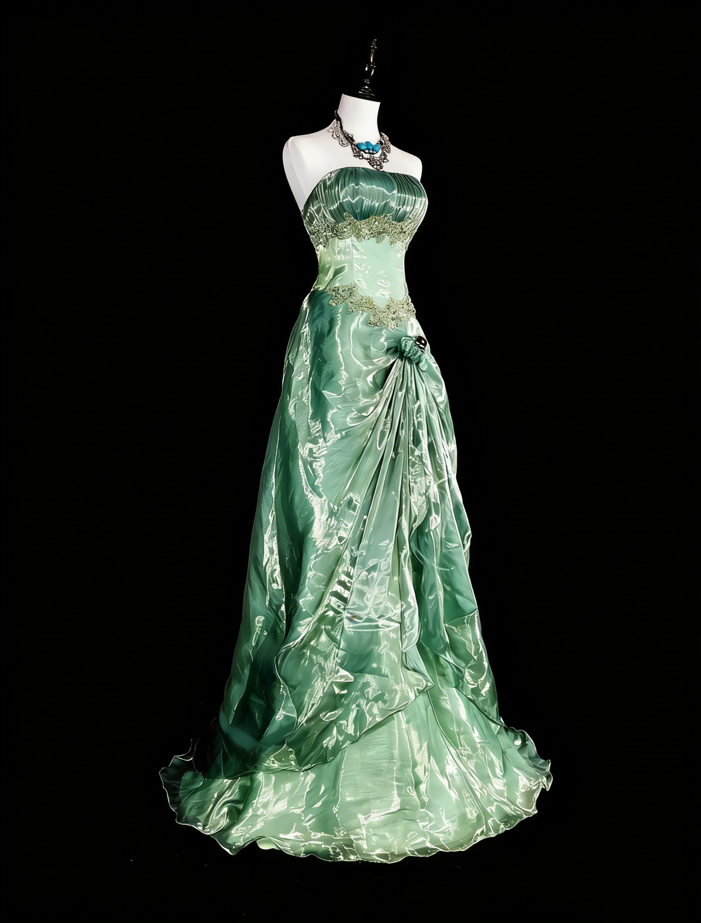 Robes de bal de promo vintage bustier vert avec dentelle dorée et volants, robe de soirée longue années 1980 N2715